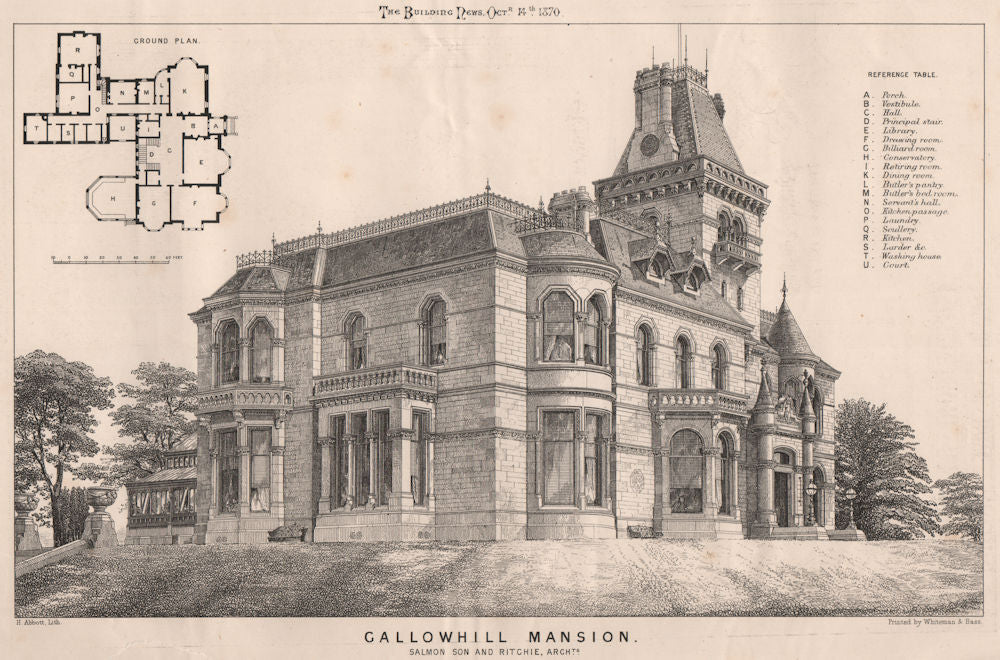 Gallowhill Mansion; Salmon Son and Ritchie, Architects. Paisley 1870 old print